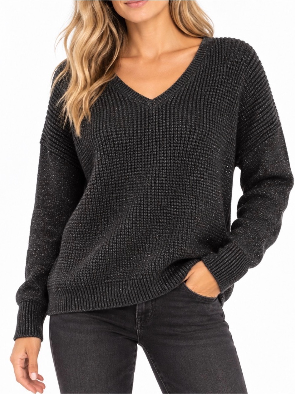 🖤🪩 Calvin Klein Jeans Black V-Neck Shimmer Sweater Size Medium